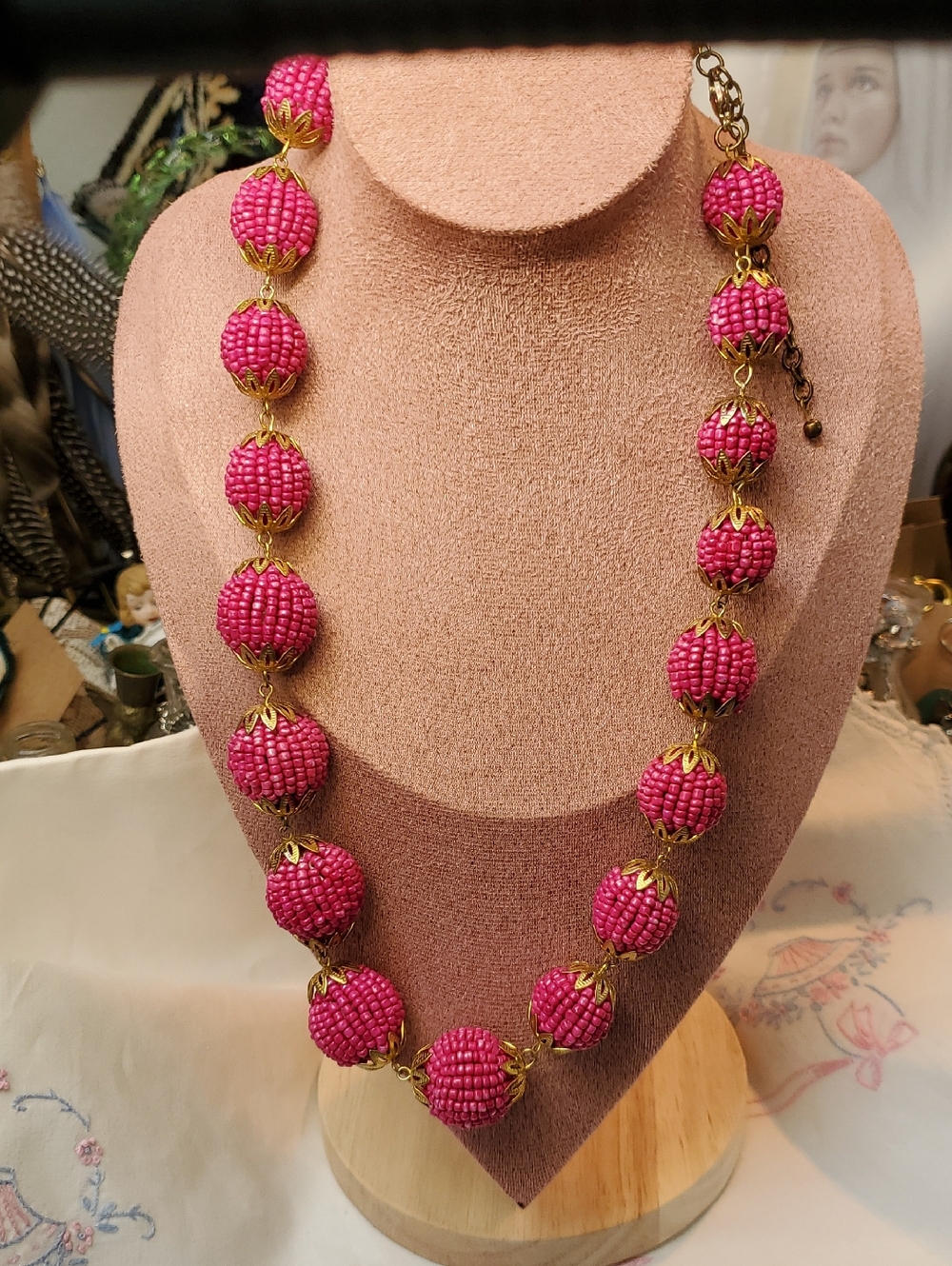 Vintage Raspberry Glass Beaded Necklace